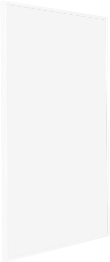 Zijaanzicht van een witte, kunststof fotolijst.