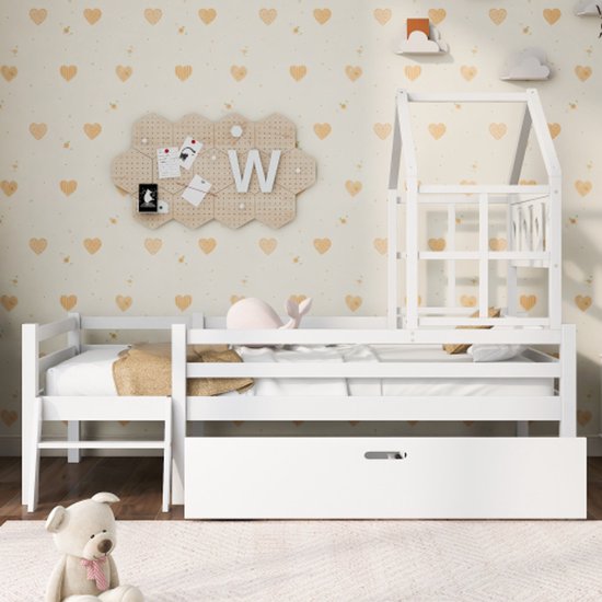 Soweiz Kinderbed Huisbed Met Ladder En Laden - Hoogslaper Massief Hout 90x200cm Wit Met Valbescherming