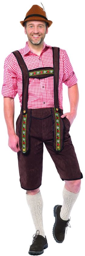 Partychimp Voordelige Lange Lederhose Johann Oktoberfest Heren Lederhosen Man Carnavalskleding Heren - Maat L - Donkerbruin - Polyester