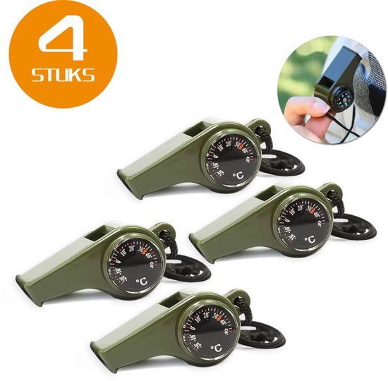 Vier olijfgroene noodfluiten met thermometer, tekst '4 STUKS' linksboven en een kleine foto van het gebruik.