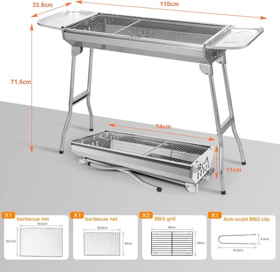 Houtskoolgrill - Barbecue - Tafelbarbecues - Buitenkeuken - Inklapbaar - Draagbare - Staande Grill - voor Buitenkeuken - BBQ - Campingbarbecue - RVS - 33.5x110x71.5cm - Zilver — afbeelding 5