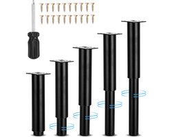 Verpakking van 5 meubelpoten in hoogte verstelbaar, 18-34 cm verstelbare metalen zwarte meubelpoten, ronde meubelpoten met schroeven schroevendraaier, voor kast, bank, tv-kasten, nachtkastjes