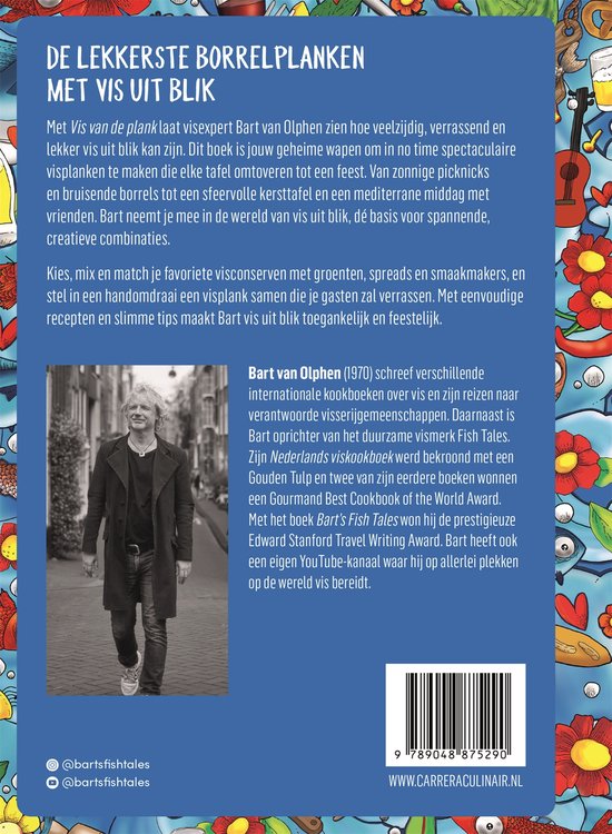 Achterkant boek met portret van Bart van Olphen, tekst over visplanken en een streepjescode.