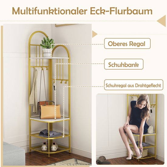 COSTWAY 180CM Hoekgarderobe, 3-in-1 kledingrek & zitbank & schoenenrek, incl. 12 haken, opbergrek voor hal, woonkamer, slaapkamer (Modern Goud