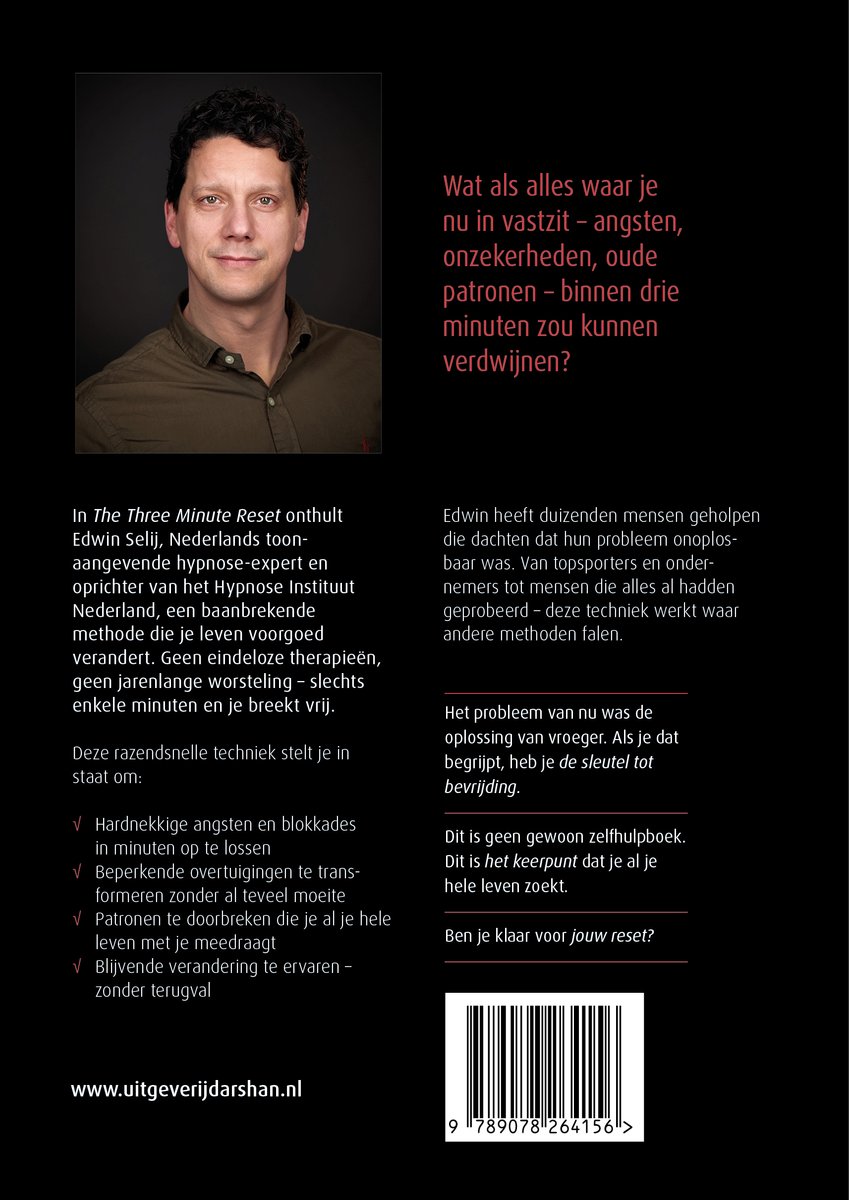 Achterkant boek met portret van Edwin Selij. Tekst over 'The Three Minute Reset' en hypnose. Barcode onderaan.