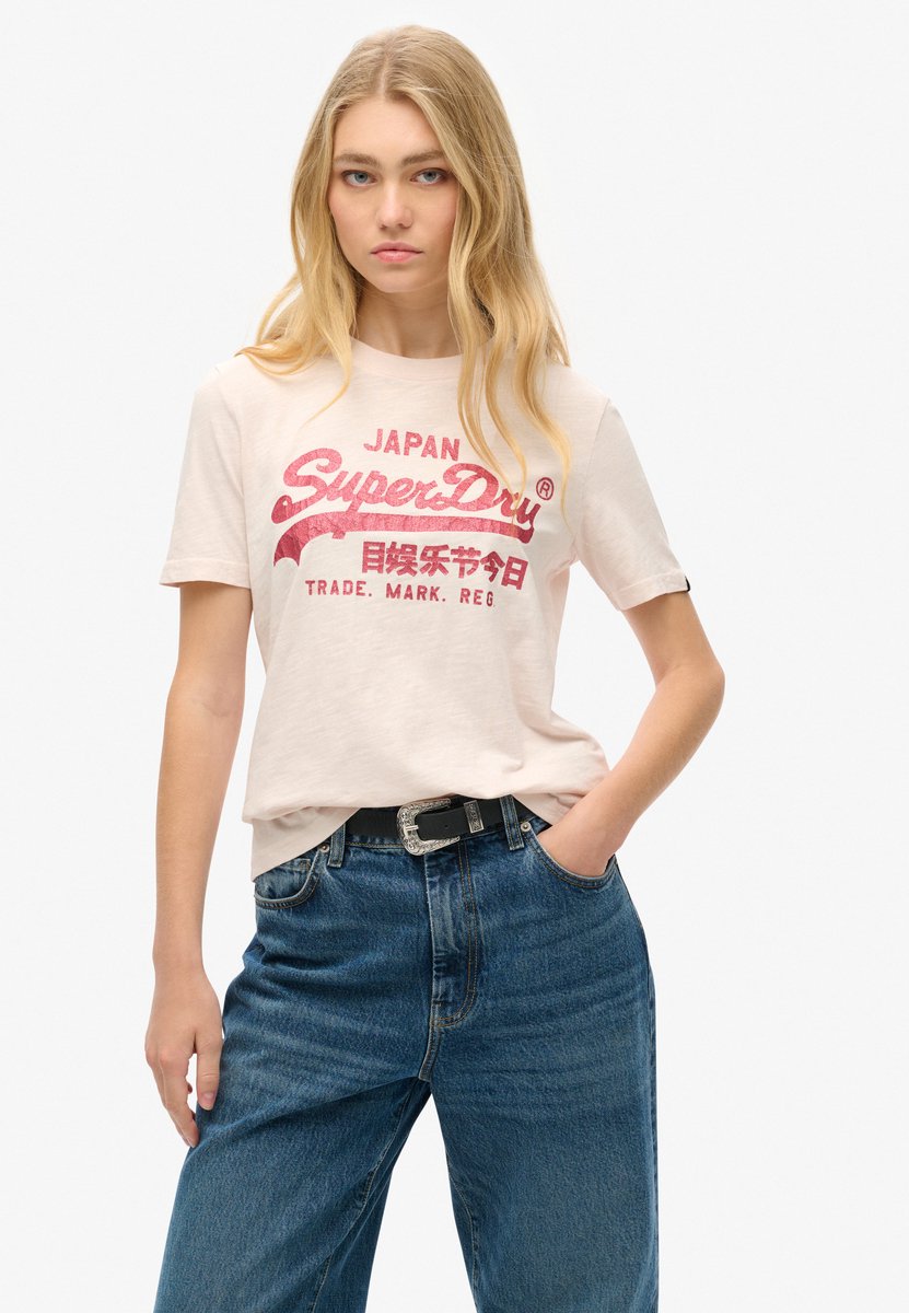 Superdry Metallic T-shirt met logo en relaxte pasvorm Dames T-shirts Roze
