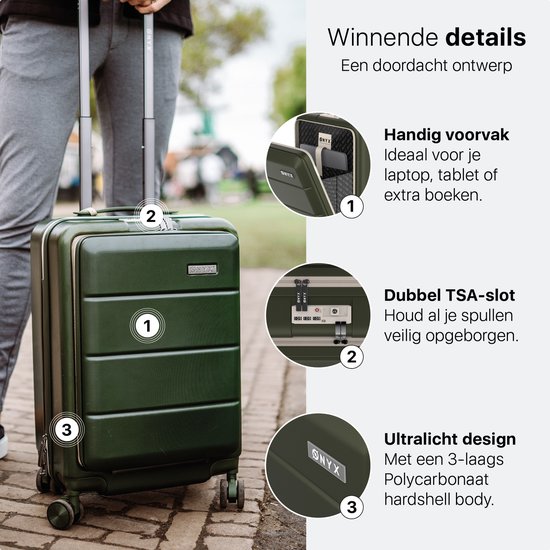 Groene koffer met handig voorvak, dubbel TSA-slot en ultralicht design van polycarbonaat.