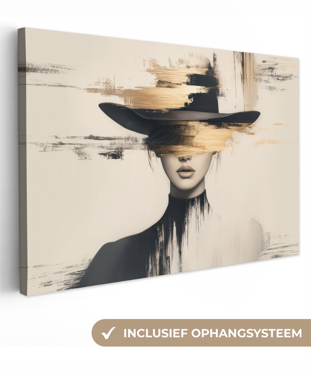Canvas schilderij 60x40 cm - Exclusieve wanddecoratie Vrouw - Hoed - Verf - Muurdecoratie 