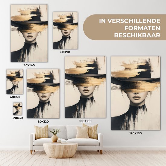 Collage van het abstracte schilderij van een vrouw met hoed, in verschillende formaten: 20x30, 40x60, 60x90, 80x120, 90x140, 100x150 en 120x180 cm.