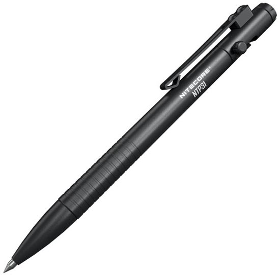 Zwarte Nitecore NTP31 tactische pen met een gebogen clip.
