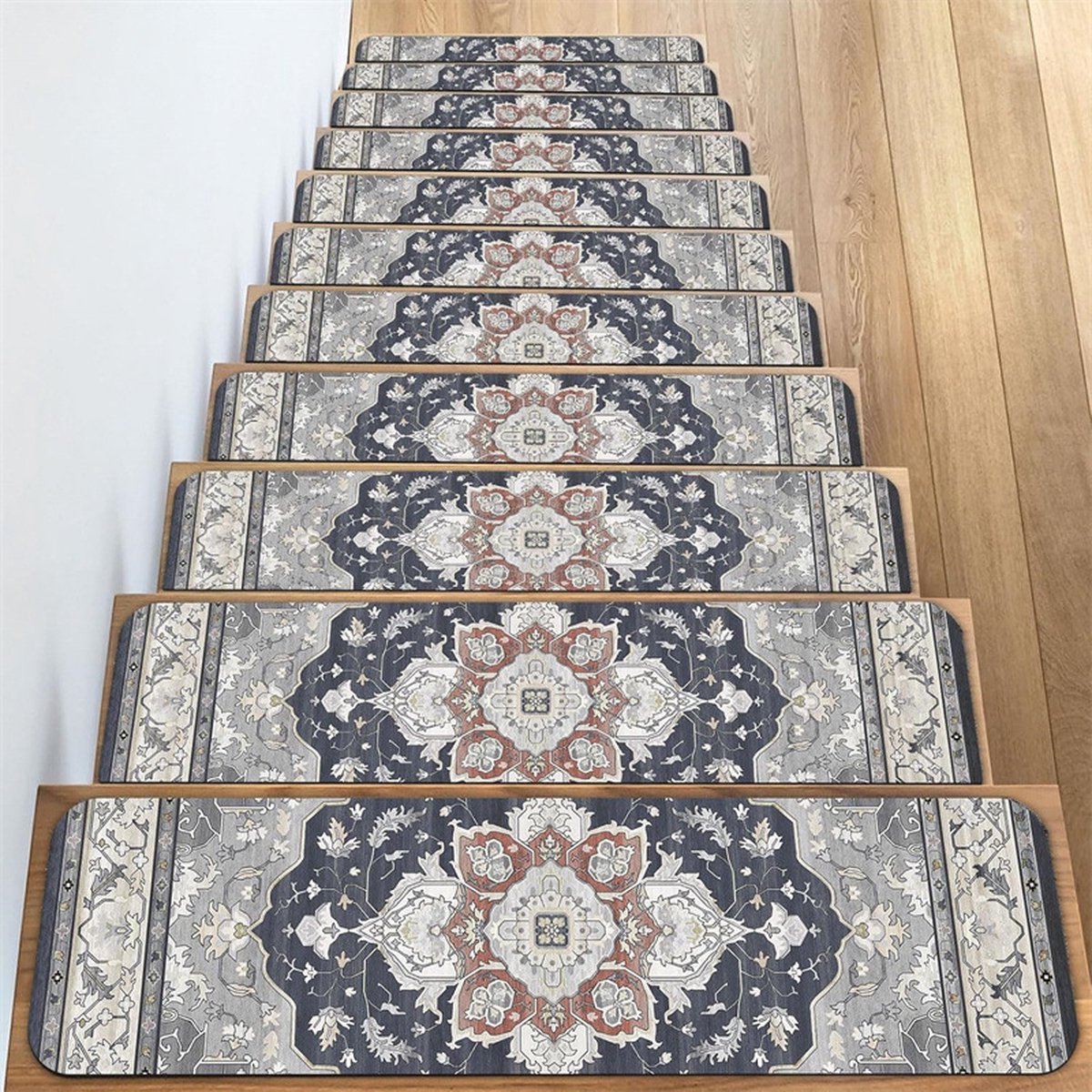 26x80CM Tapijt Traptreden - 15 Pack - Antislip Trapmatten - Verwijderbaar Traptapijt - Vuilafstotende Binnen Stapmatten - Waterabsorberende Snel Drogende Vloermatten - Veilig voor Kinderen, Ouderen en Huisdieren - blauwgrijze symmetrie