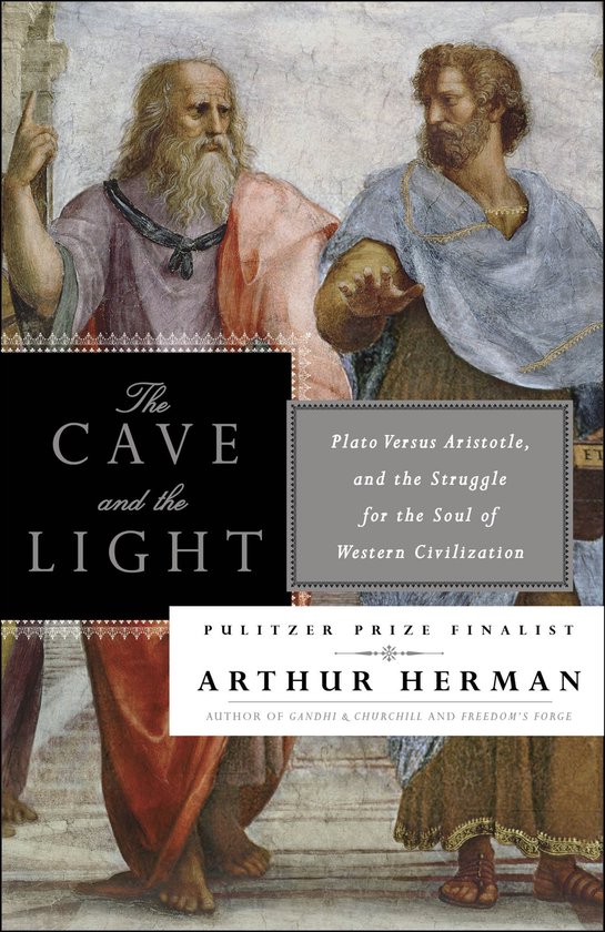 Boek kaft met schildering van Plato en Aristoteles, met de titel 'The Cave and the Light'.