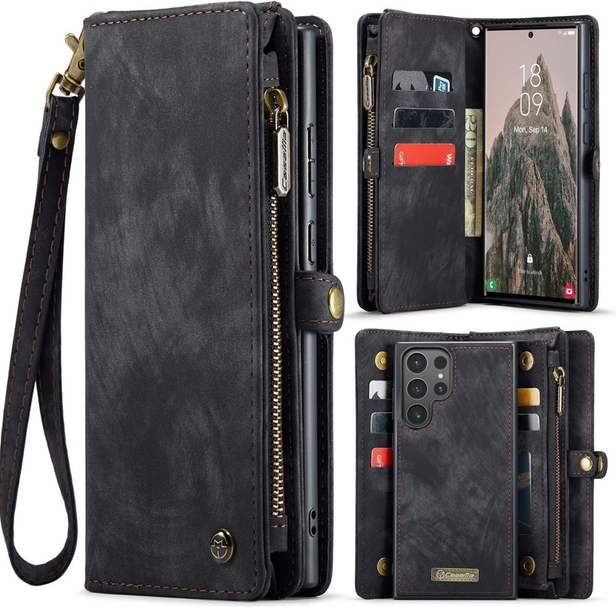 Caseme Geschikt voor Samsung Galaxy S25 Ultra hoes - Vintage 2 in 1 portemonnee - Zwart