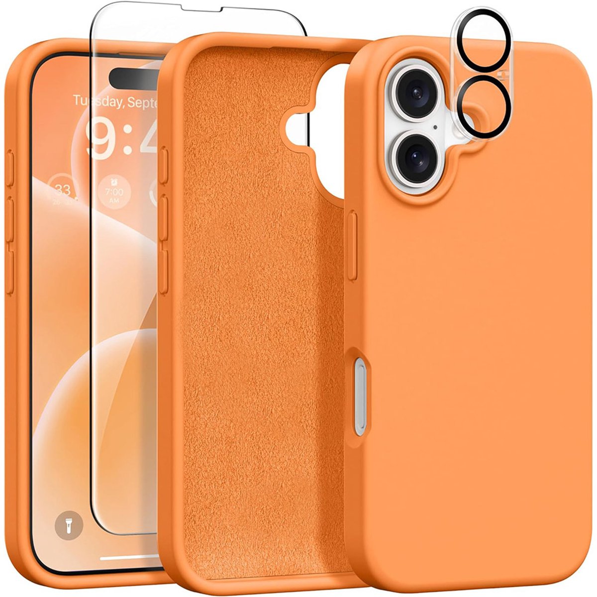 Stravo Siliconen Hoesje geschikt voor iPhone 16 , Oranje, Met 1X Screenprotector + 1X Cameralensbeschermer, [Zachte Krasbestendige Microvezelvoering], Vloeibare Siliconen Schokbestendige Beschermende Telefoonhoes 6.1"