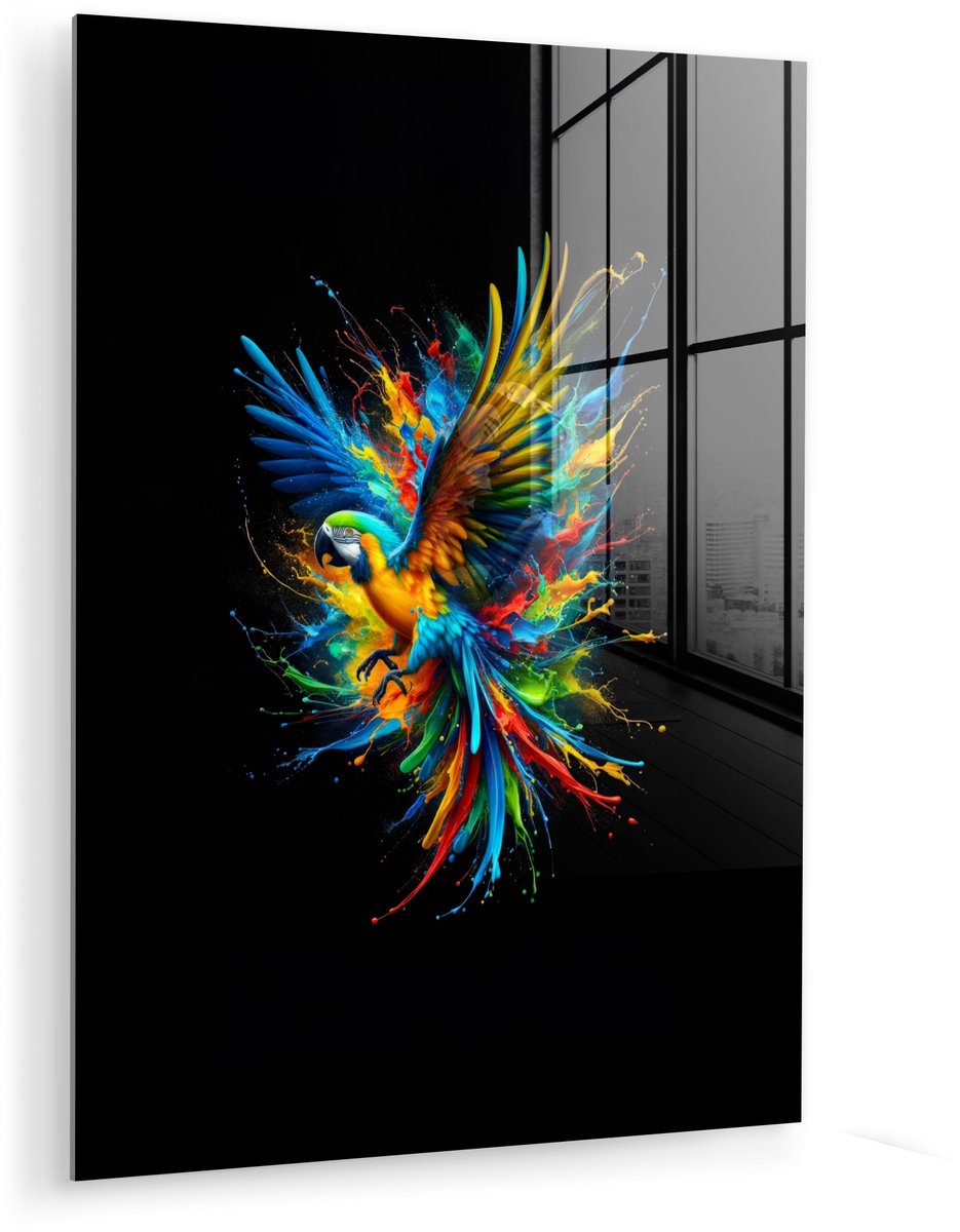 MuchoWow® Glasschilderij 60x80 cm - Schilderij acrylglas - Papegaai - Vogel - Dier - Kleurrijk - Verf - Foto op glas - Muurdecoratie woonkamer - Wanddecoratie slaapkamer - Schilderijen