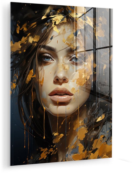 MuchoWow® Peinture sur verre 30x40 cm - Peinture sur verre acrylique - Femme - Portrait - Abstrait - Art - Or - Photo sur verre - Décoration murale salon - Décoration murale chambre - Peintures