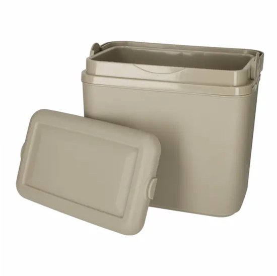 Taupekleurige koelbox met deksel losgehaakt, met een rechthoekig design en opklapbaar handvat.