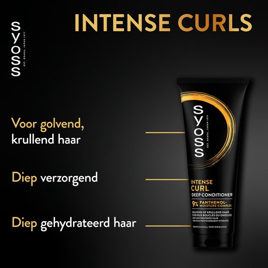 Zwarte tube "Syoss Intense Curl Deep Conditioner" met gouden krul. Beschrijving "Voor golvend, krullend haar", "Diep verzorgend", "Diep gehydrateerd haar".