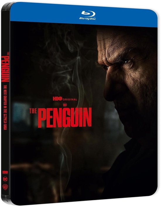 Steelbook Blu-ray van 'The Penguin', HBO Original. Man met grimmige blik, rook en de titel 'The Penguin: The Next Chapter in The Batman Saga'.