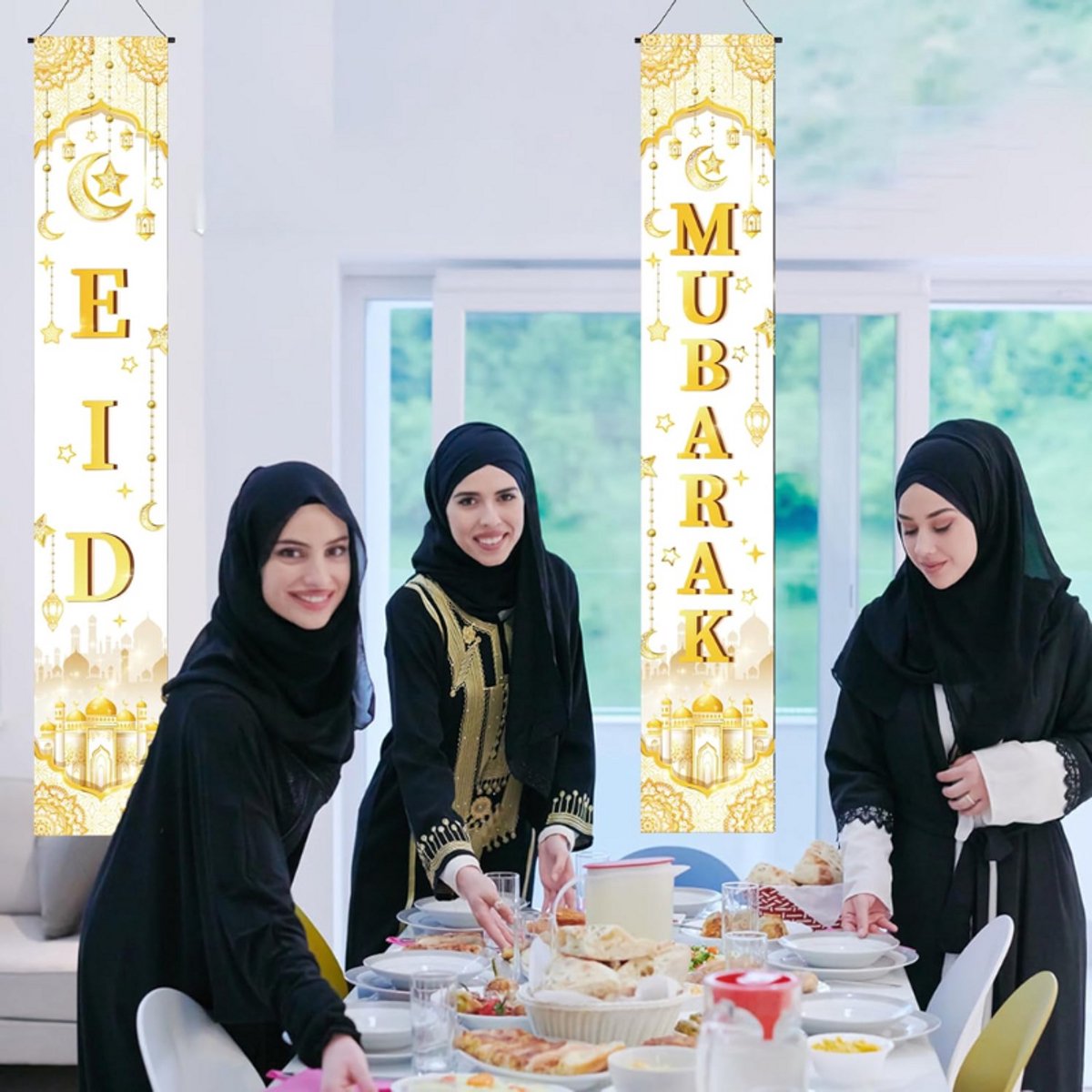 Ramadan Banner Decorations for Home, Eid Mubarak Door Cover Blue Gold Ramadan Kareem Banner Eid Al-fitr Sign Backdrop for Home Front Door Hanging Decoration Muslim Ramadan Party Supplies, 185 x 90cm