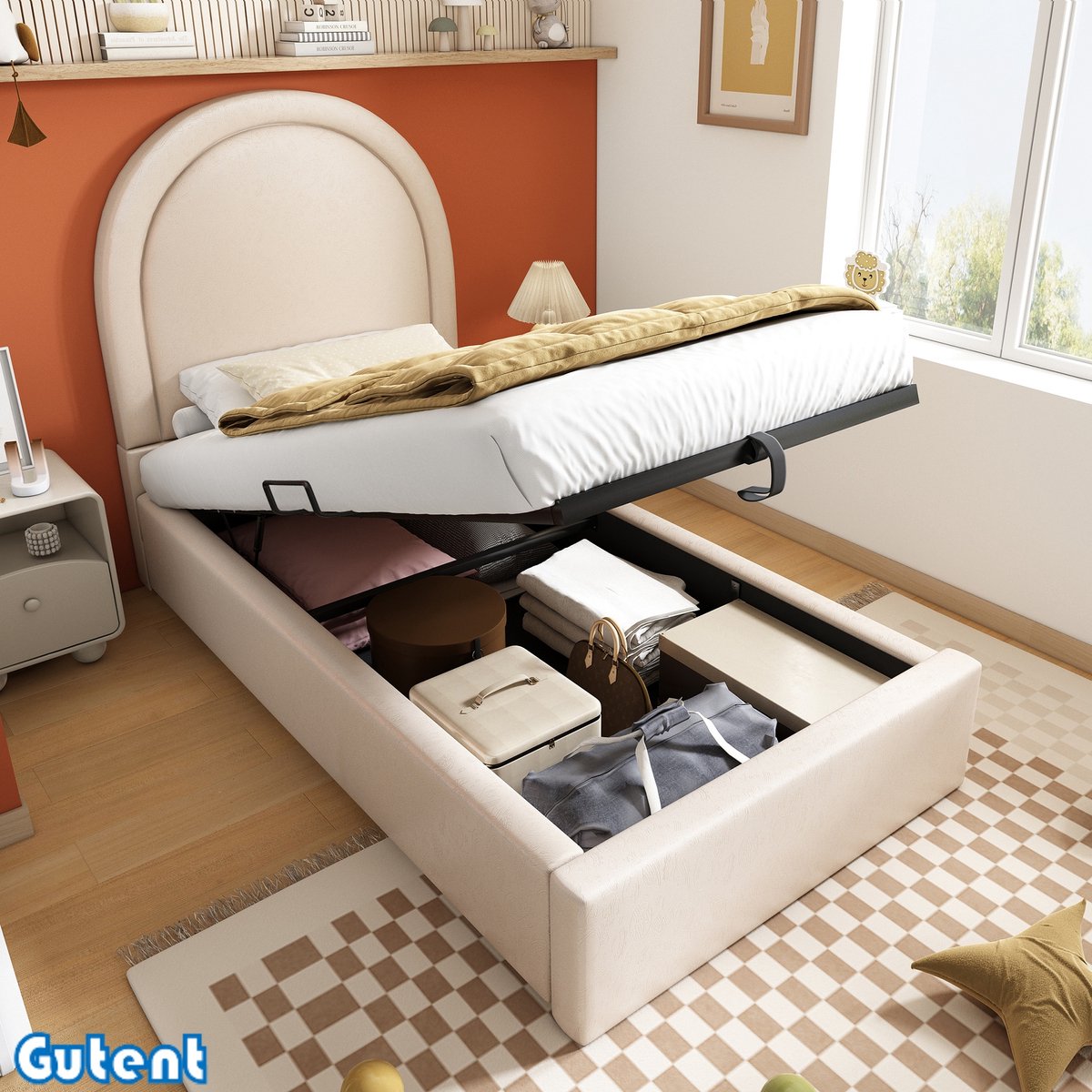 Gutent Eenpersoonsbed voor kinderen-90 x 200 cm-Beige-Boys en Girls-PU-No Matras