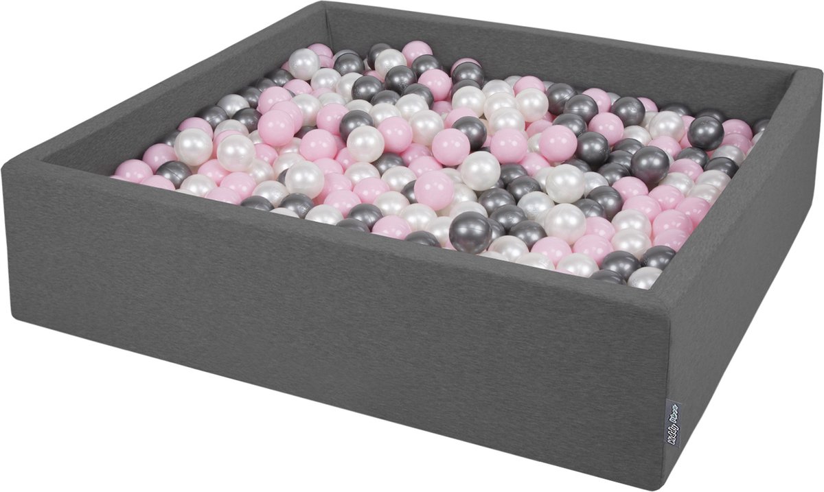 KiddyMoon Ballenbad voor kinderen Vierkant met 300 ballen ∅7cm 120x30cm - Ballenbak voor Baby's - Ballenbak ballen kleurrijke - Met schuimvulling - Ballenbad foam - Voor sensorische - Dunkelgrau: Parel Poederroze Zilver