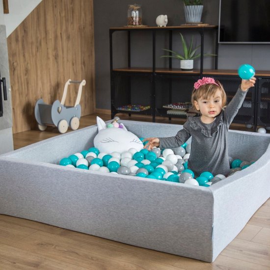 KiddyMoon piscine à balles carrée piscine à balles 120x30cm/1000 balles ∅ piscine à balles carrée 7cm pour groupe de jeu bébé, fabriquée dans l'UE, gris clair: gris perle-transparent-rose poudré