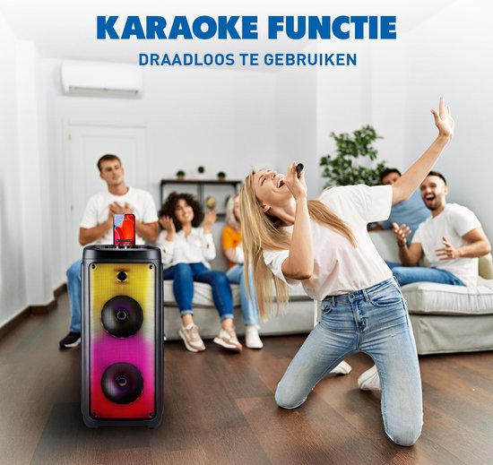 Bluetooth Speaker met Microfoon - Partybox met Sfeerverlichting - Muziek Box en Karaoke Set - Party Speaker met Bluetooth, Aux en USB Ingangen - Makkelijk te Verplaatsen met Handvat - Zwart — afbeelding 2