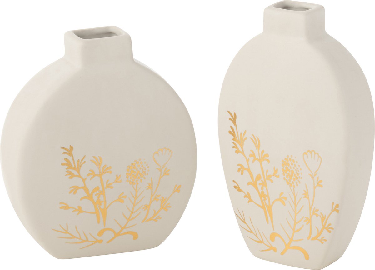 J-Line vaas Bloem Tekening - porselein - goud/wit - small - 2 stuks - 20.5 cm hoog