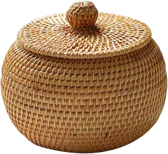 Opbergmand, gevlochten, rotanmand, opbergmand met deksel, zeegrasmand, rieten mand, mandje opslag voor slaapkamer, woonkamer, keuken, opslag van huishoudelijke voorwerpen