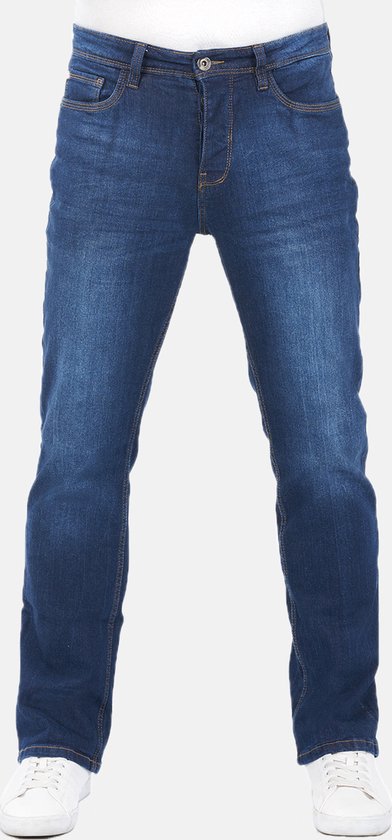 Blauwe jeans met een rechte pasvorm, effen van kleur met lichte veroudering.