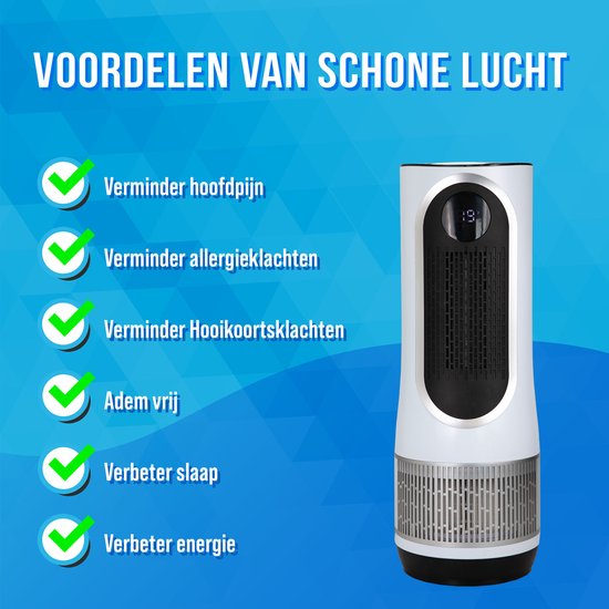 Witte luchtreiniger met groene vinkjes die voordelen opsommen: vermindert hoofdpijn, allergieklachten, hooikoorts, ademt vrij, verbetert slaap en energie.