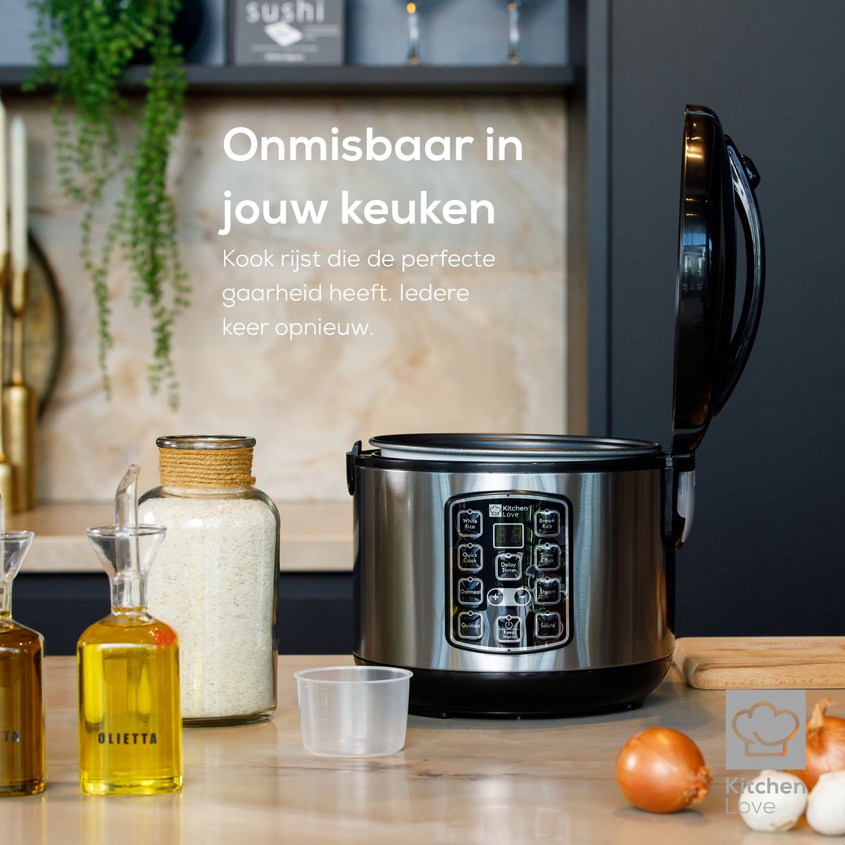 Rijstkoker met Stomer - 0.8L - Multicooker - Rice Cooker - Slowcooker - 1 tot 3 Personen - Zwart RVS - KitchenLove – foto 5