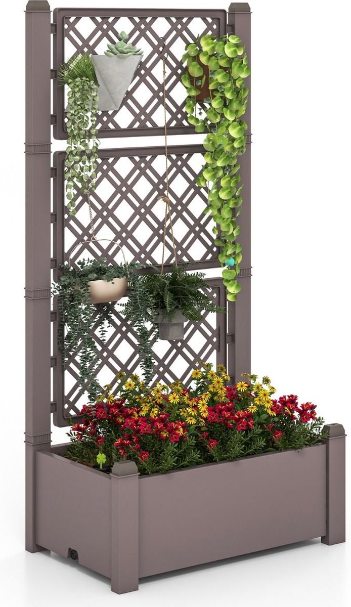 Trendmix Plantenbak met Traliewerk – 76×45×150 cm – Antraciet/Bruin – Zelfbewaterend Verhoogd Bed voor Klimplanten