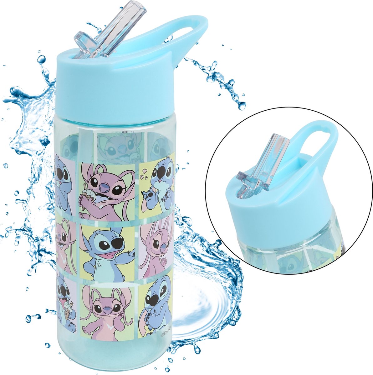 Disney Lilo en Stitch Plastic fles met rietje, waterfles, transparant 420ml