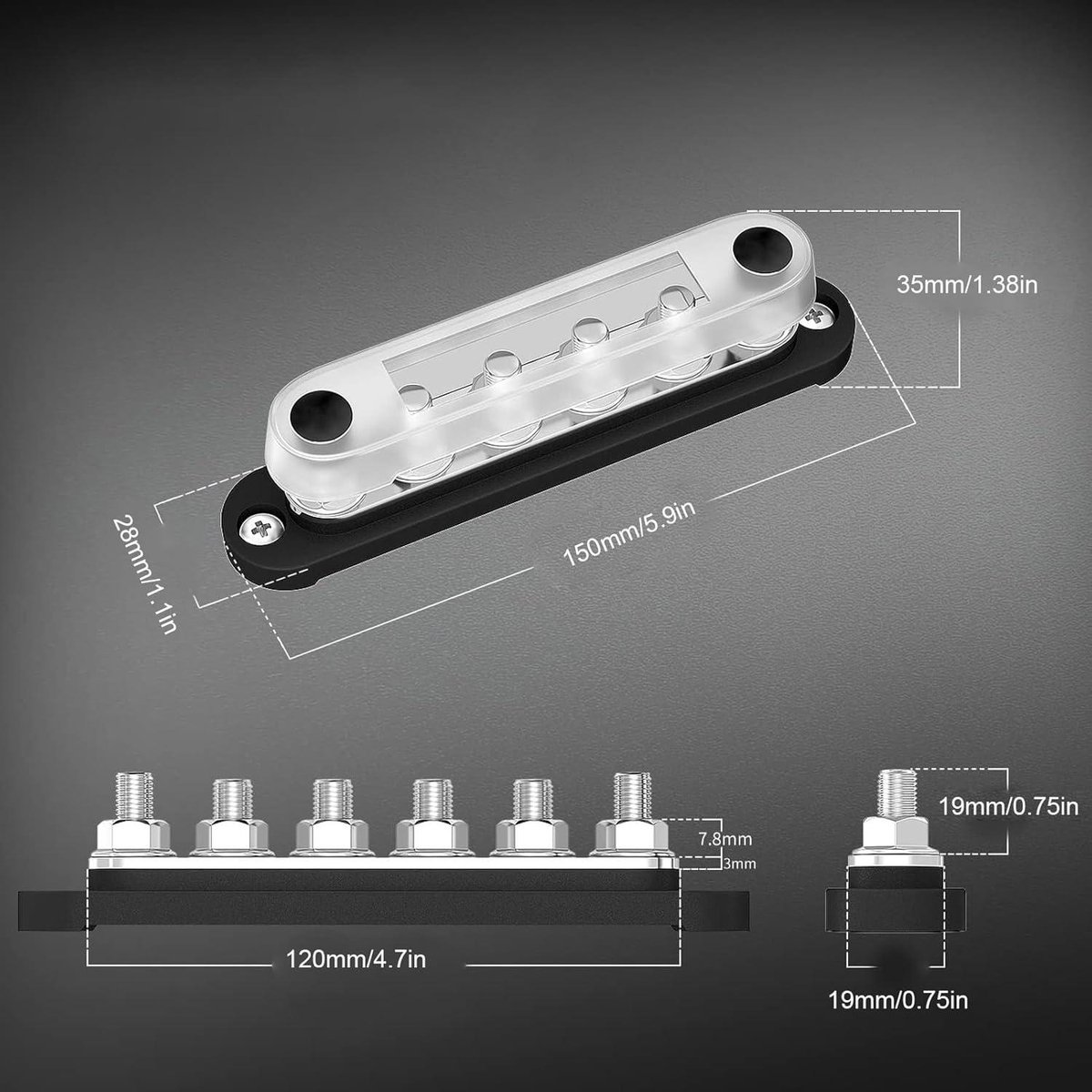 Barra De Bus Resistente 12-48V 600A Max, 4 Pernos M10  38 Pulgadas Bloque De Terminales De Barra Colectora De Cobre De Alta Corriente Con Cubierta