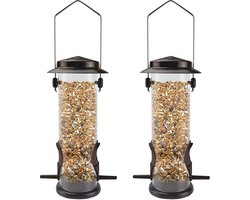 Goodivery ® Hangende vogelvoederbak, metalen vogelvoederbak voor wilde vogels, 2 poorten, heavy duty, eekhoornbestendig, 2 verpakkingen, koffiebruin