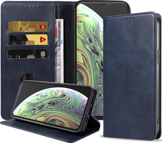 Coque iPhone X en Cuir Blauw - Coque iPhone X en Cuir de Luxe avec Fermeture Magnétique Blauw - Etui Bookcase en Cuir Blauw avec Porte-Cartes pour iPhone X - Smartphonica
