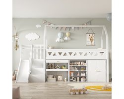 Sweiko Kinderbed, Eenpersoonsbed, Multifunctioneel kinderbed, met glijbaan en trap, met laden en kluisje, met magnetische deur, zonder matras, massief hout, Wit, 90*200cm