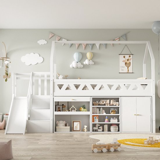 Sweiko Kinderbed, Eenpersoonsbed, Multifunctioneel kinderbed, met glijbaan en trap, met laden en kluisje, met magnetische deur, zonder matras, massief hout, Wit, 90*200cm