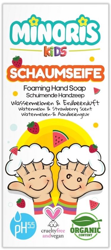 Minoris Kids Schuimende Handzeep – Zachte, Hypoallergene, Biologische & Vegan Formule, pH 5.5 voor Gevoelige Huid, Watermeloen & Aardbei Geur, Sulfaatvrij & Parabeenvrij, 300 ml