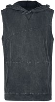 Donkergrijze mouwloze hoodie met capuchon, stonewashed effect en asymmetrische naden.