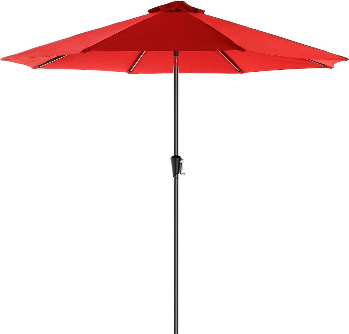 Rode parasol van 3 meter doorsnede, anti-UV bescherming, robuust polyester, geschikt voor buiten.