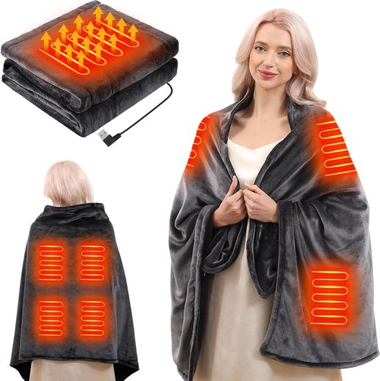 Moteoza Elektrische deken, draadloos, 180 x 90 cm, flanel, verwarmde sjaal met 16000 mAh, 6 warmtezones, 3 temperatuurstanden voor thuis, kantoor, auto en camping