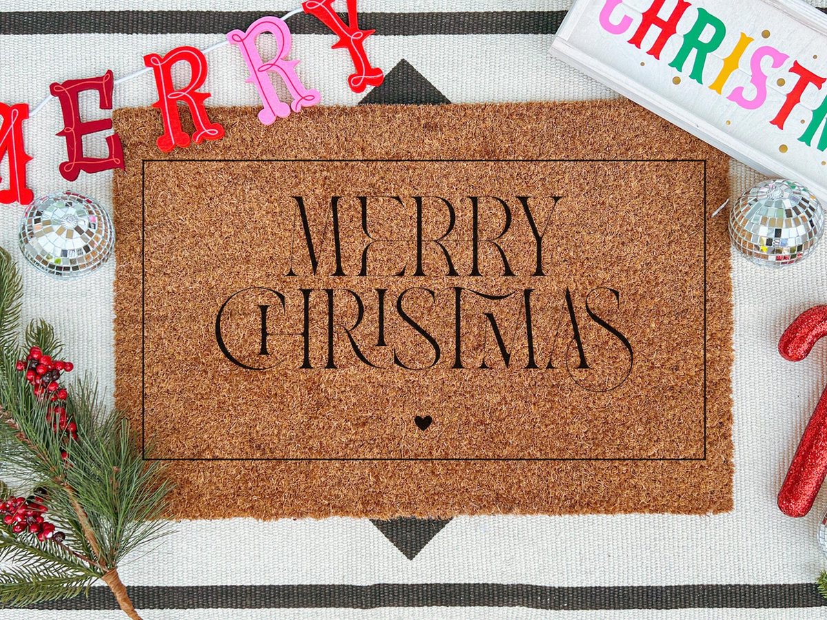 Laser-Point Merry Christmas | 60x40 cm | Nieuwe huis cadeau | Ingangsmat | Deurmat met stijl | Verhuizing cadeau | Praktisch & trendy | Perfect voor binnenkomst | Cadeau voor nieuwe woning Bruin | Zwart (Gravering 60x40)