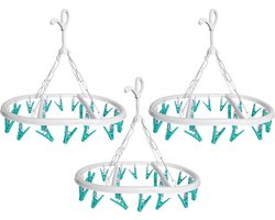 CM Wasgoed droogcarrousel/droogmolen - 3x - 20 clips/knijpers - wit/groen - kunststof - 29 x 42 cm
