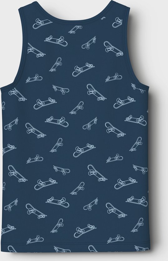 Nachtblauwe tanktop met een all-over print van witte skateboards.