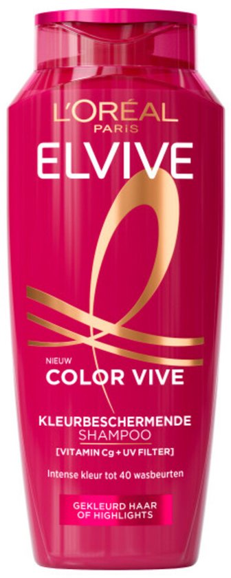 Roze fles L'Oréal Elvive Color Vive shampoo met gouden accenten en productinformatie.