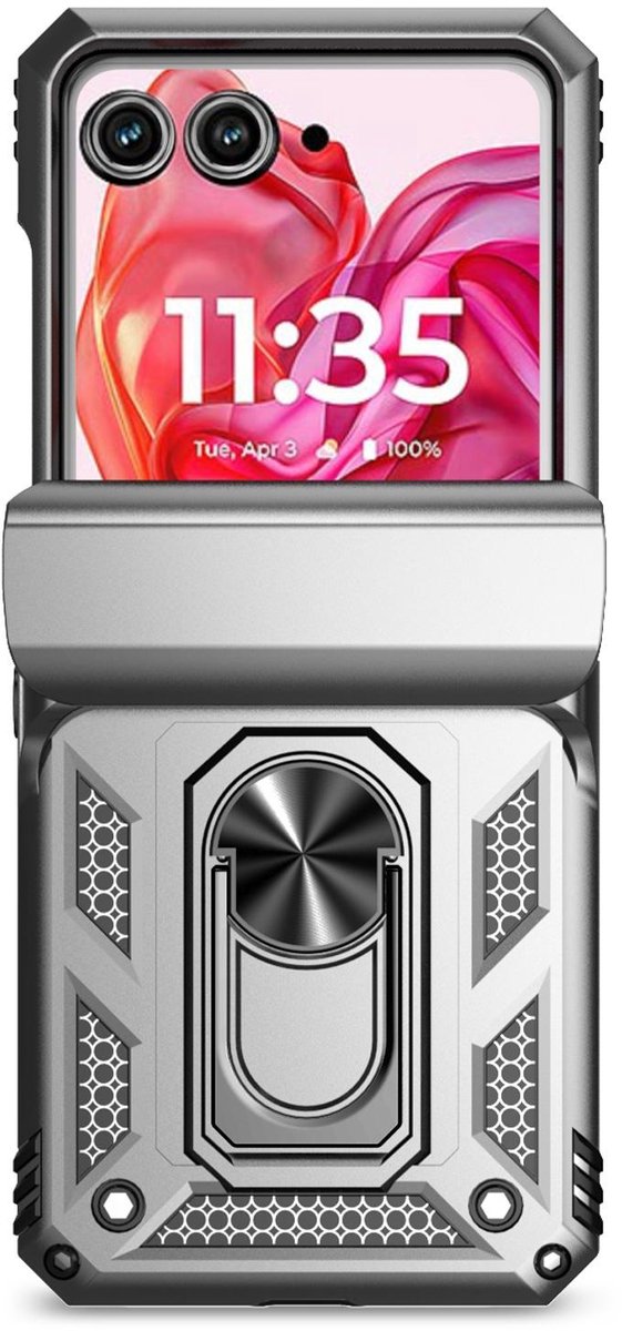 Mobigear Hoesje geschikt voor Motorola Razr 50 Telefoonhoesje Hardcase | Mobigear Armor Ring Backcover Shockproof met Ringhouder | Schokbestendig Razr 50 Telefoonhoesje | Anti Shock Proof - Zilver