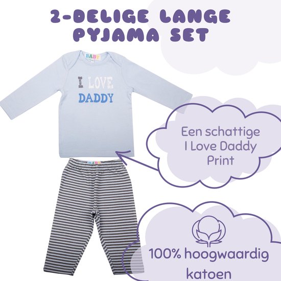 Lichtblauwe pyjamaset met lange mouw en lange broek. De top heeft een 'I LOVE DADDY' print, de broek is gestreept. Gemaakt van 100% katoen.